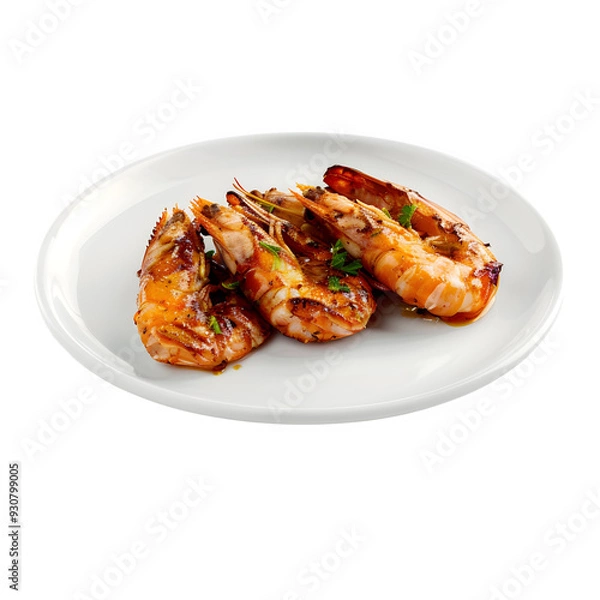 Fototapeta Grilled shrimp served on a white plate with garnish, isolated on a transparent background