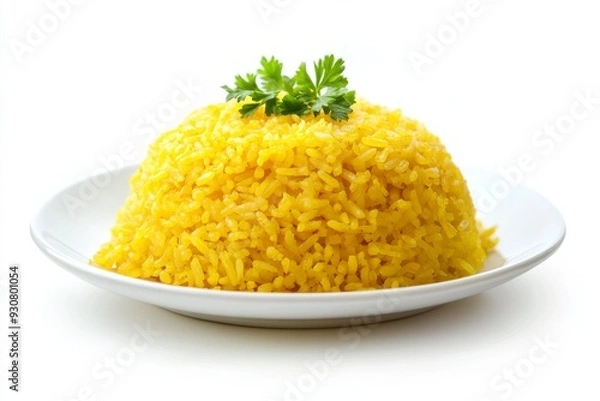 Fototapeta Yellow rice or nasi kuning is a typical Indonesian food. isolated on white background