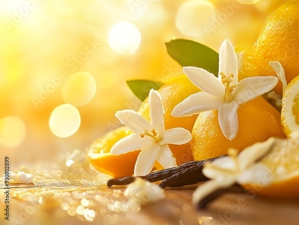 Obraz A vibrant arrangement of lemons and vanilla flowers, showcasing freshness and natural beauty.