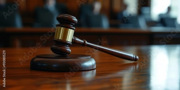 Fototapeta A detailed closeup image of a gavel silently resting on a courtroom table, epitomizing authority and justice