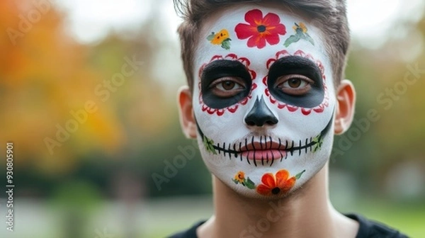 Fototapeta A man with a painted face of a skeleton