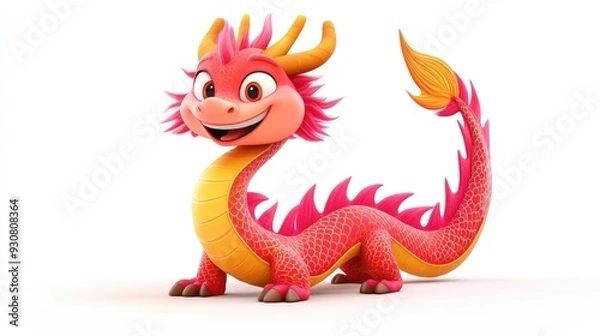 Fototapeta Adorable cartoon Chinese dragon with a cheerful face and vibrant scales, spiraling on a white background, cartoon animation style