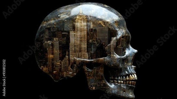 Fototapeta Skull with Cityscape Reflection