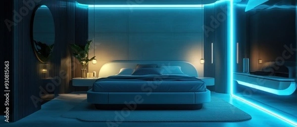 Fototapeta Modern Bedroom with Blue Neon Lights and Minimalist Design
