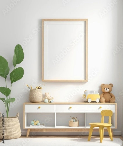 Fototapeta Mock up frame in children room with natural wooden furniture, 3D render