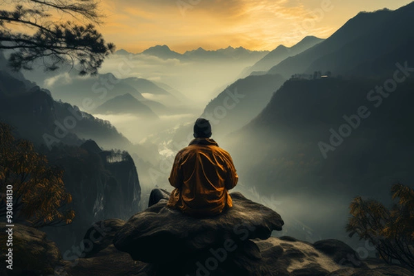 Fototapeta A person enjoying a moment of stillness at the edge of a cliff, the vast view inspiring deep thoughts. Concept of natural contemplation and inner peace. Generative Ai.