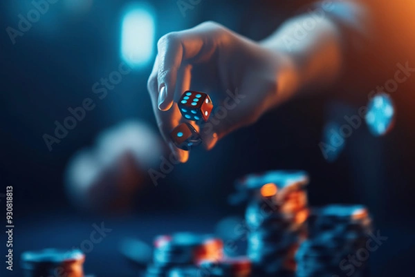 Fototapeta A hand throws two red dice in a casino with a blurred background of poker chips. Generated by AI.