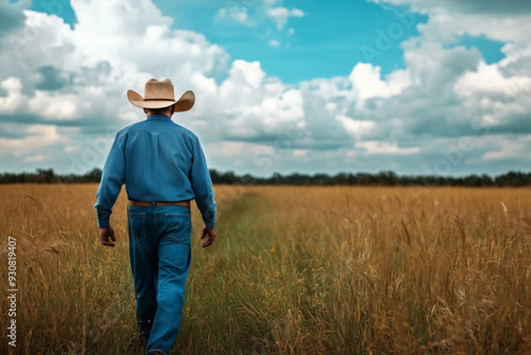 Fototapeta A lone man in a cowboy hat walks through a golden field under a clear blue sky during late afternoon