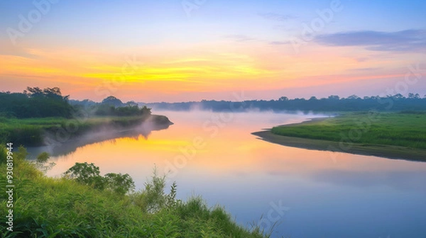 Fototapeta Serene sunrise over a tranquil river with mist and lush greenery.