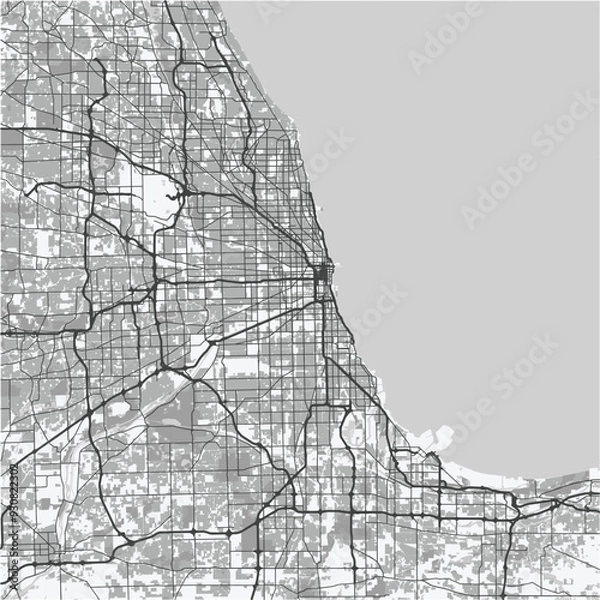 Obraz Map of Chicago in Illinois in grayscale. Contains layered vector with roads water, parks, etc.