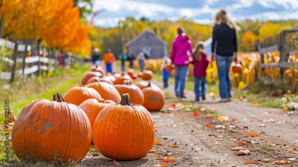 Obraz Autumn pumpkin patch with families and vibrant fall foliage
