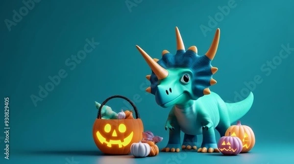 Fototapeta Halloween dinosaur, Triceratops with eerie green glow, spooky scene, 3D illustration