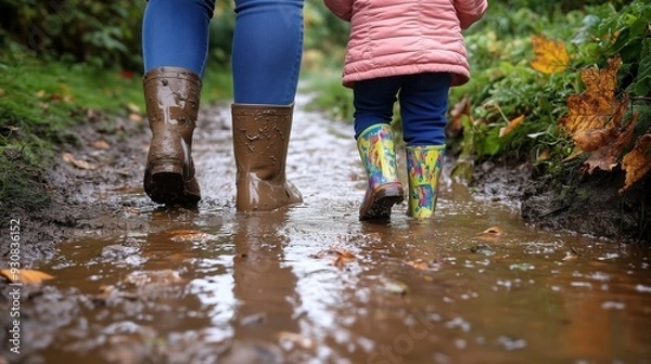 Fototapeta Parent and child walking in rain on muddy path