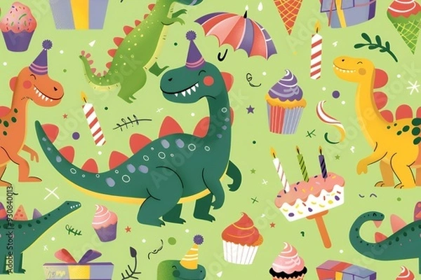 Fototapeta A playful illustration featuring dinosaurs celebrating with party hats, cakes, and gifts.