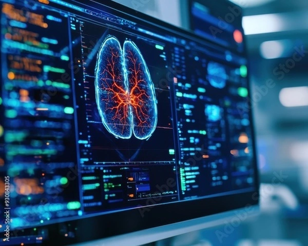 Fototapeta Futuristic brain scan interface displaying neural activity and data insights on a high-tech monitor with vibrant colors.