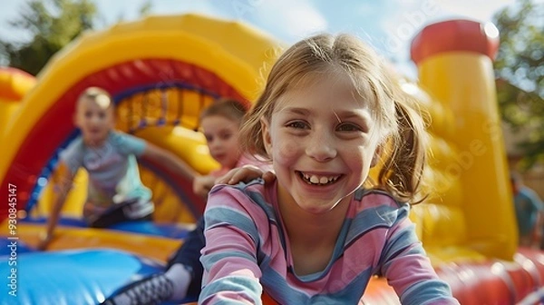 Fototapeta A joyful girl playing on a colorful inflatable structure with friends in the background.