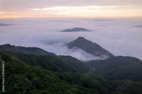 Fototapeta Misty clouds and mountains during sunrise