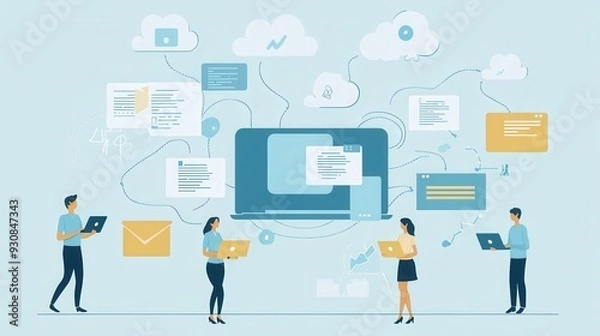 Fototapeta Teamwork  Cloud Computing  Connected People  Collaboration  Digital Marketing  Business Strategy   Online Networking   Connected Devices  Social Media