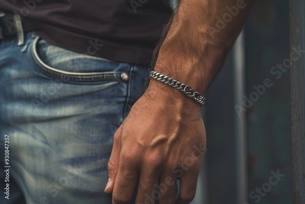 Fototapeta A close-up of a man's hand wearing a silver chain bracelet, showcasing style and fashion.