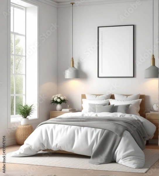 Fototapeta plain white frame in a cozy bedroom, 3d rendering