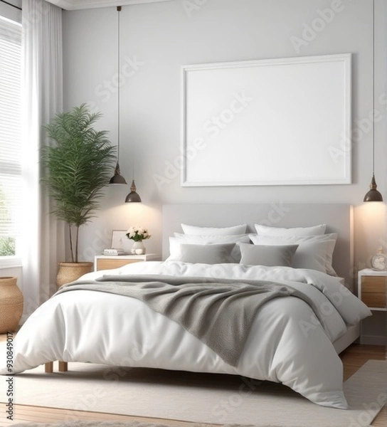 Fototapeta plain white frame in a cozy bedroom, 3d rendering