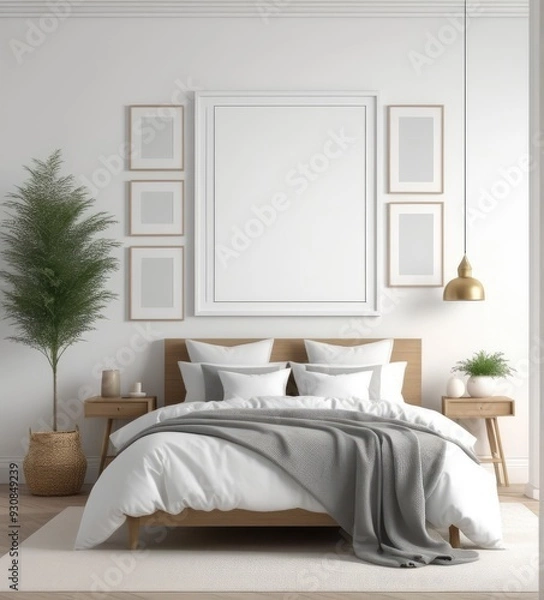 Fototapeta plain white frame in a cozy bedroom, 3d rendering