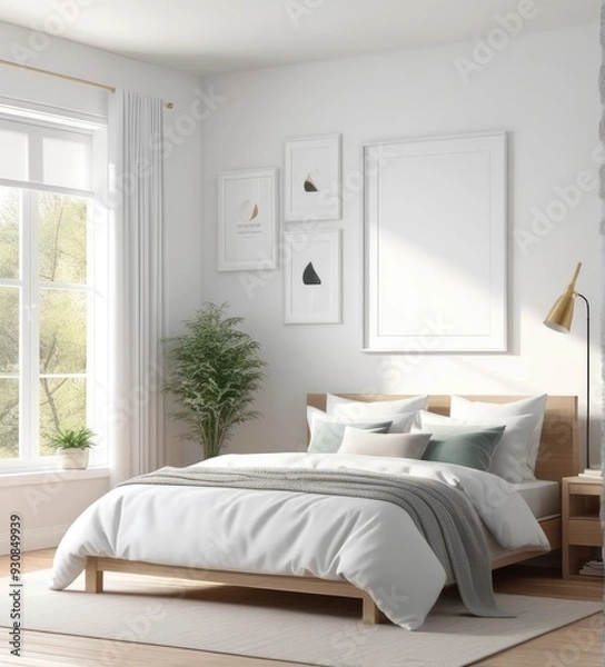 Fototapeta plain white frame in a cozy bedroom, 3d rendering