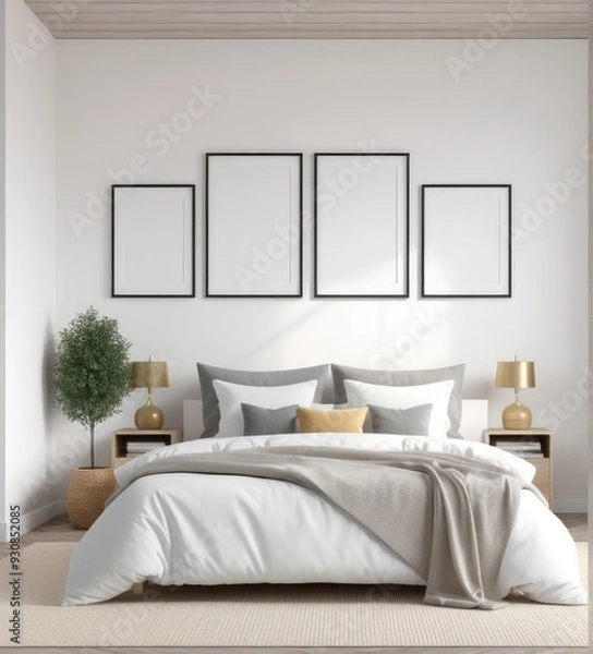 Fototapeta plain white frame in a cozy bedroom, 3d rendering