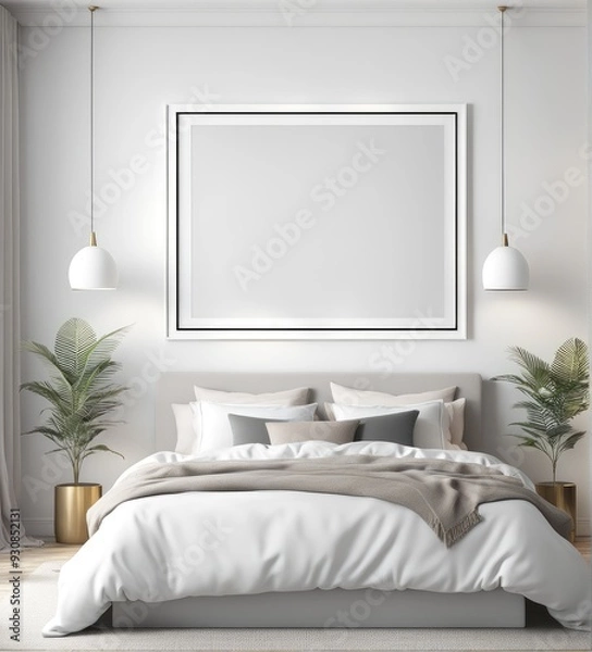 Fototapeta plain white frame in a cozy bedroom, 3d rendering