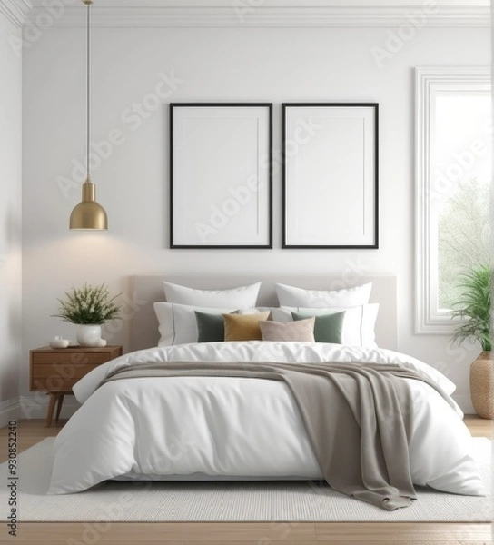 Fototapeta plain white frame in a cozy bedroom, 3d rendering