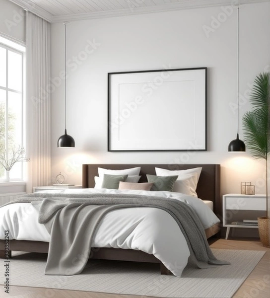 Fototapeta plain white frame in a cozy bedroom, 3d rendering