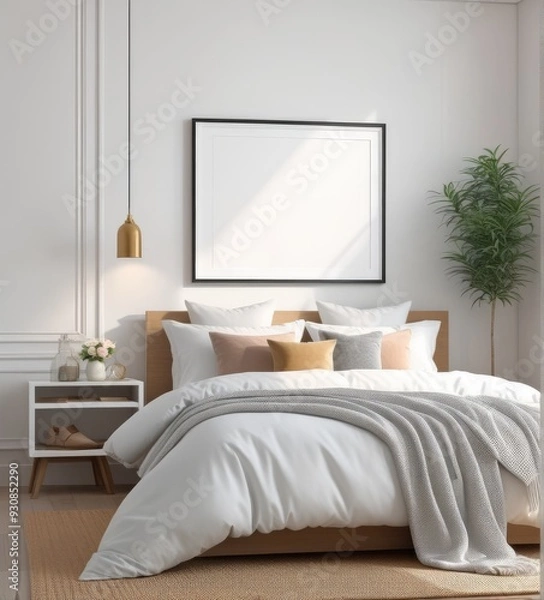 Fototapeta plain white frame in a cozy bedroom, 3d rendering