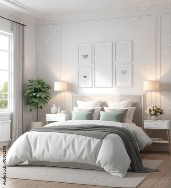 Fototapeta plain white frame in a cozy bedroom, 3d rendering