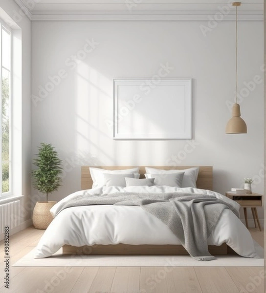 Fototapeta plain white frame in a cozy bedroom, 3d rendering
