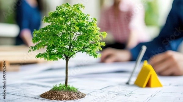 Fototapeta Green Tree Sapling on Architectural Blueprint