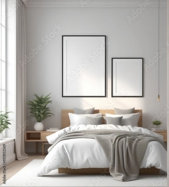 Obraz plain white frame in a cozy bedroom, 3d rendering