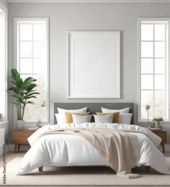 Obraz plain white frame in a cozy bedroom, 3d rendering
