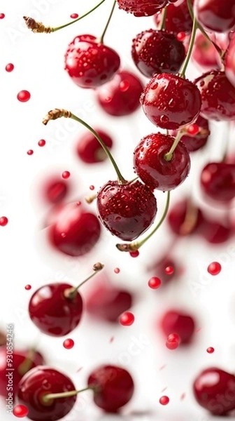 Fototapeta Freshly Rinsed Cherries Falling in a White Kitchen, Red Currants Cherry Fruit Wallpaper, Raw Culinary Ingredient Backdrop, Isolated Organic Food Background for Restaurant Cookbook Recipe Agriculture