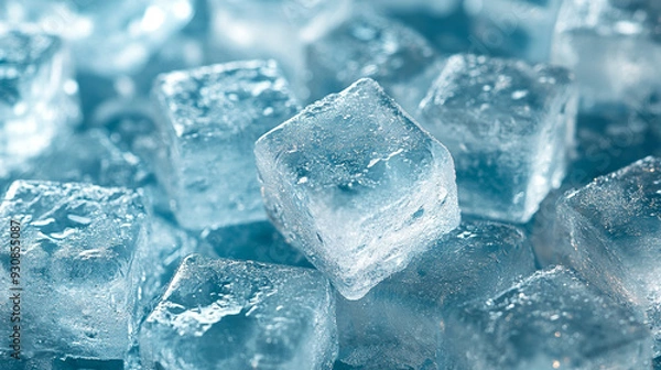 Fototapeta ice cubes filling the entire frame. The ice cubes are transparent and textured, reflecting light to create a cool, refreshing atmosphere. The background is entirely composed of ice