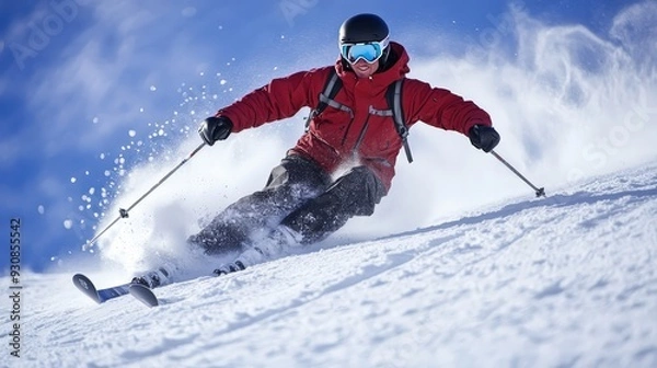 Fototapeta Skiing Down a Pristine Snowy Slope in the Mountains