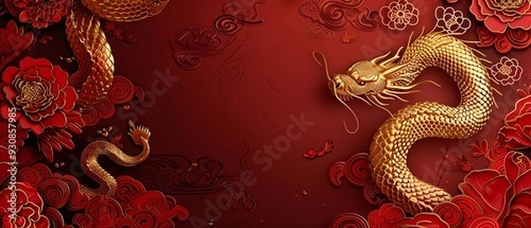Fototapeta Chinese new year still life of snake celebration. Chinese new year background 3d illustration. Chinese characters on the object means to fortune, good luck, wealth, and money flow.