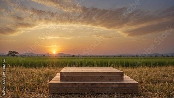 Fototapeta an empty wooden tray podium with a rice field background, mockup of podium for product photos, generative AI