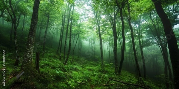 Obraz Green forest with fog