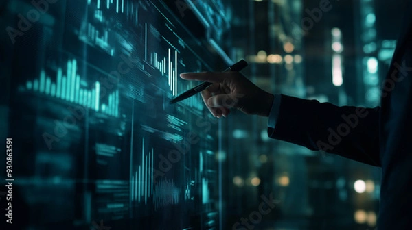 Fototapeta Conference Business Meeting Presentation: CEO Businessman Shows Data to Group of Investors, Businessspeople. Projector Screen Shows Graphs, Product Sales, Revenue Growth Strategy, e-Commerce Analysis