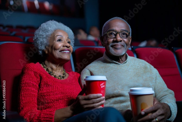 Obraz Happy black senior couple watching movie and drinking coffee in the cinema