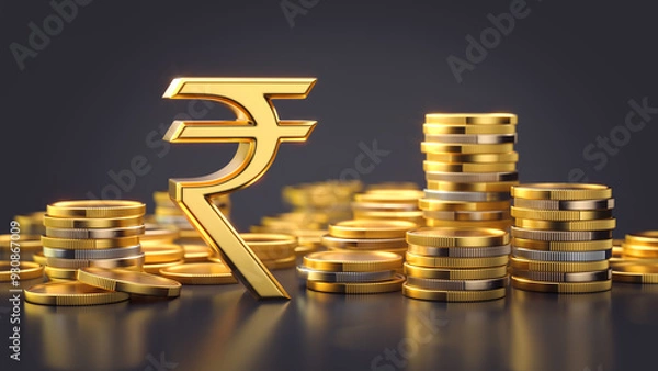 Fototapeta Indian rupee symbol with stacks of coins on a dark background