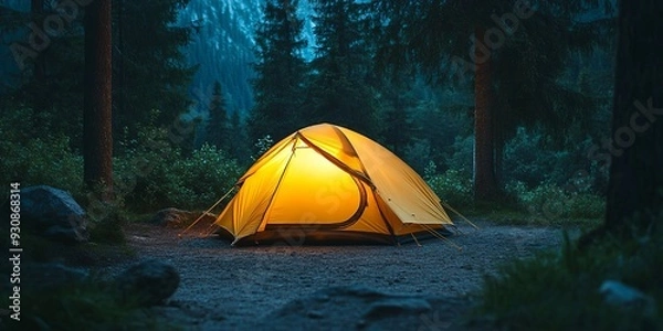 Fototapeta This beautiful scene shows an illuminated yellow tent set up in a forest campsite during evening time, highlighting the peacefulness and serenity of nature and camping life.