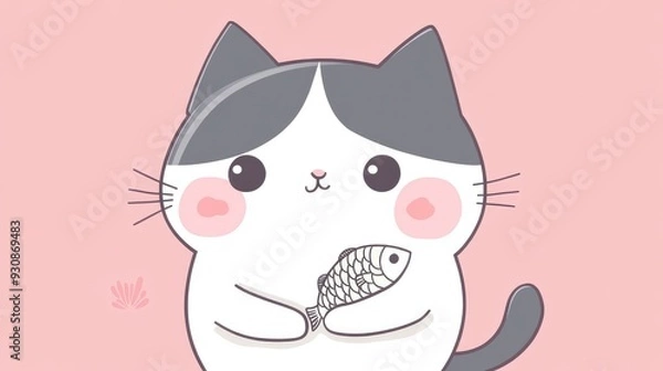Fototapeta Kawaii Japanese cartoon cat with chubby cheeks, big eyes, and a cute smile, holding a tiny fish against a soft pink background.