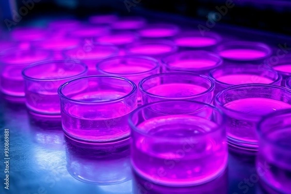 Fototapeta Neon lit laboratory with rows of vibrant purple samples emphasizing modern genetic testing
