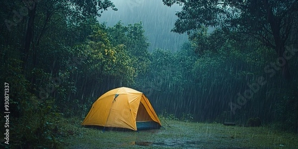 Fototapeta Tent for camping in the wild forest surrounded by rain in summer, Nature relax wallpaper.